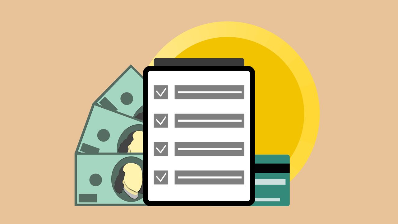 services-02 Vector illustration of modern tablet with check marks placed near dollar banknotes and credit card
