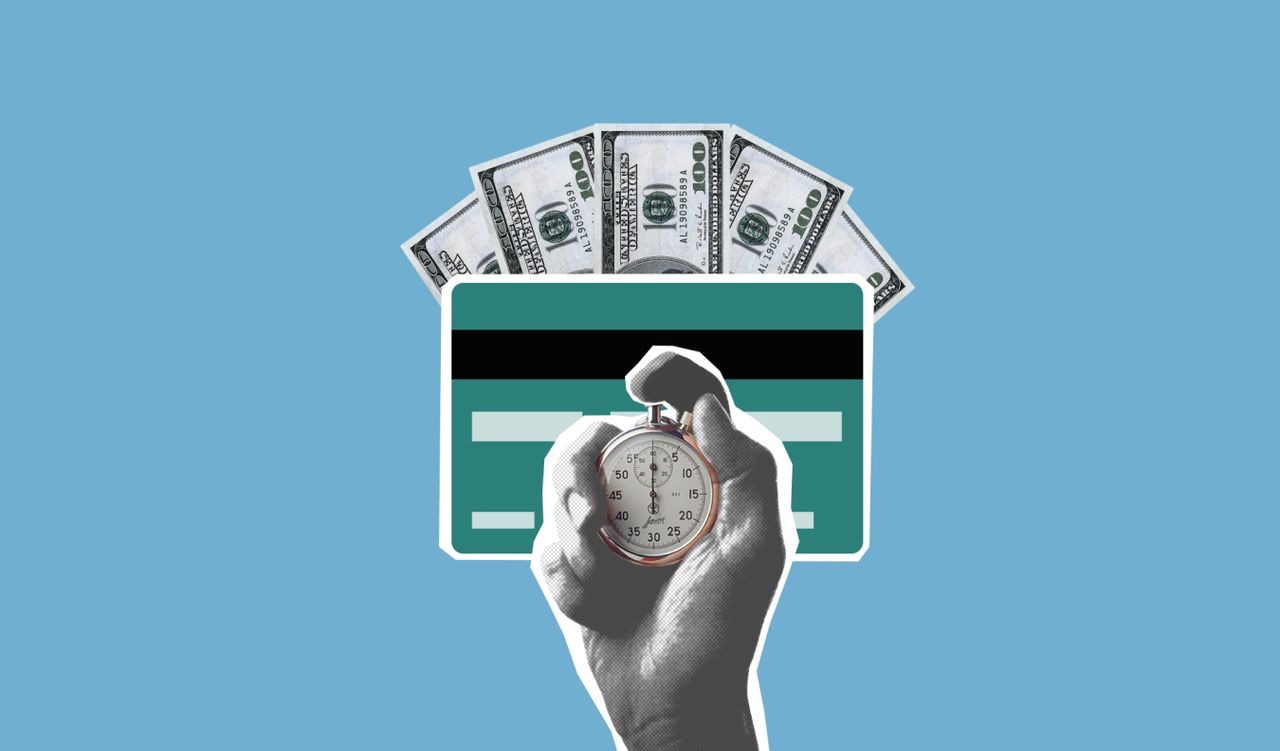 about-02 Cut out paper composition of stopwatch in hand of man waiting for money credited to credit card on blue background